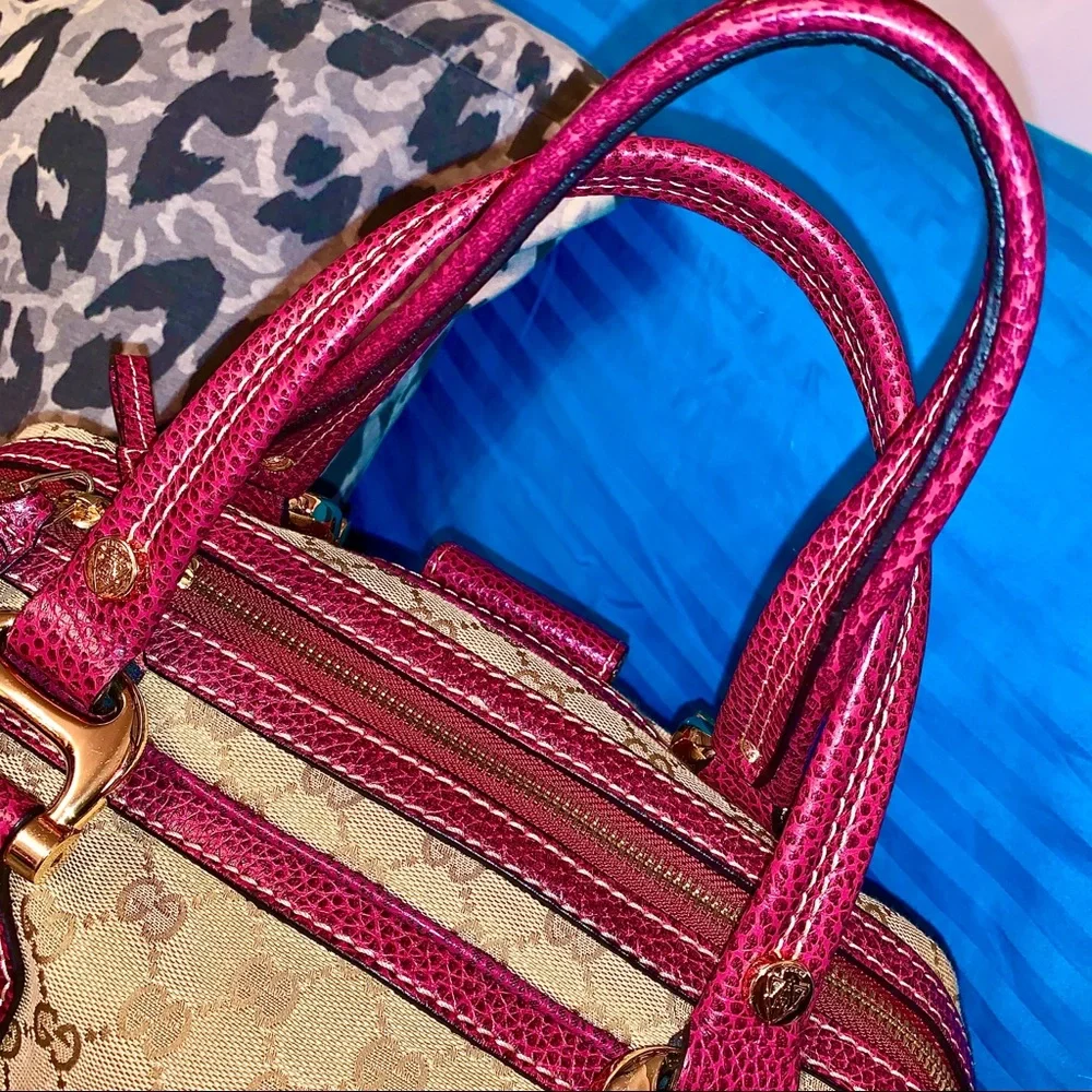 Classic Satchel Red Leather Trim & Beige Canvas